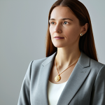 A professional businesswoman with a serene and sophisticated expression, gently admiring a finely crafted, classic gold necklace with an intricate logo pendant. She is dressed in a modest, tailored grey blazer and a cream blouse. The setting is a softly lit, minimalist studio with an elegant display. The image emphasizes the intricate details of the craftsmanship and the timeless design of the jewelry. Perfect anatomy, correct proportions, natural pose, well-formed hands, proper finger count, natural body proportions. Safe for work, appropriate content, fully clothed, professional dress, modest clothing, family-friendly, high quality, studio lighting, professional photography.
