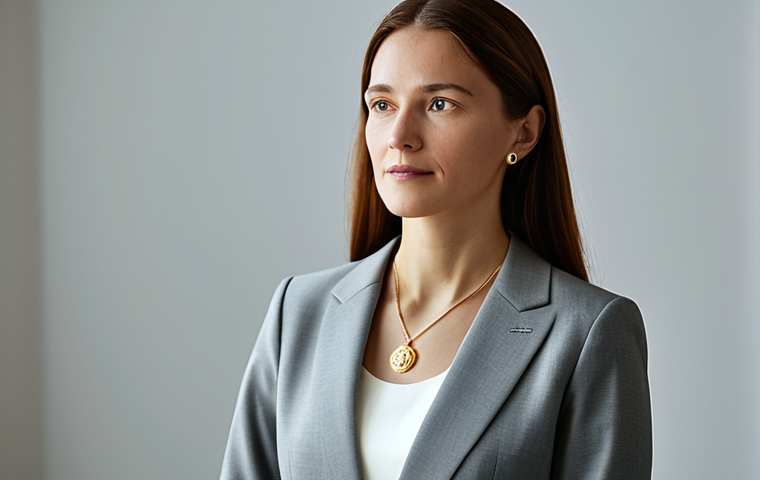 A professional businesswoman with a serene and sophisticated expression, gently admiring a finely crafted, classic gold necklace with an intricate logo pendant. She is dressed in a modest, tailored grey blazer and a cream blouse. The setting is a softly lit, minimalist studio with an elegant display. The image emphasizes the intricate details of the craftsmanship and the timeless design of the jewelry. Perfect anatomy, correct proportions, natural pose, well-formed hands, proper finger count, natural body proportions. Safe for work, appropriate content, fully clothed, professional dress, modest clothing, family-friendly, high quality, studio lighting, professional photography.